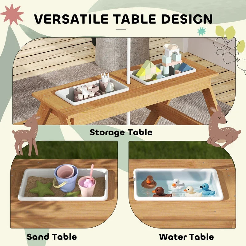 Wooden Outdoor Kids Picnic Table with Removable Umbrella