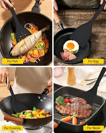 Solvind 2 in 1 Grip & Flip Spatula Tongs, Black Heat Resistant Non-Stick Kitchen Utensil for Pancakes Eggs Fish Frying Grilling Cooking