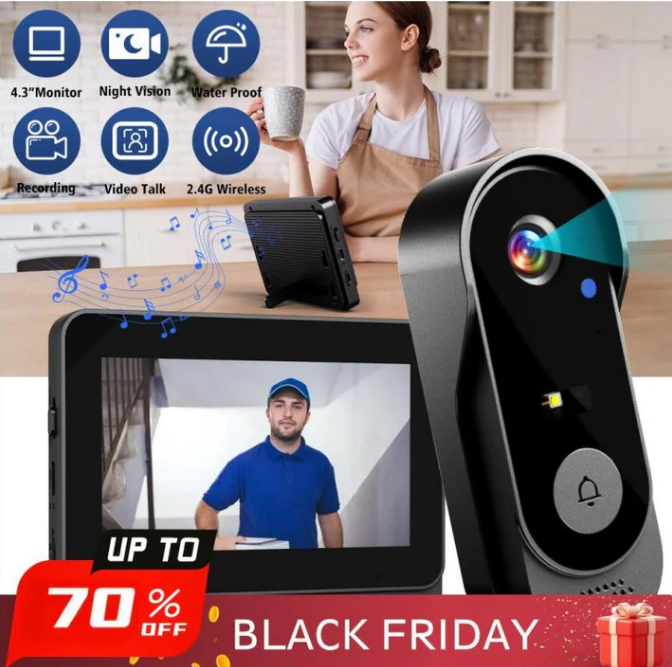 Wireless doorbell camera: 1080P, 170° angle, 4.3-inch screen, IPX65 outdoor waterproof, night vision