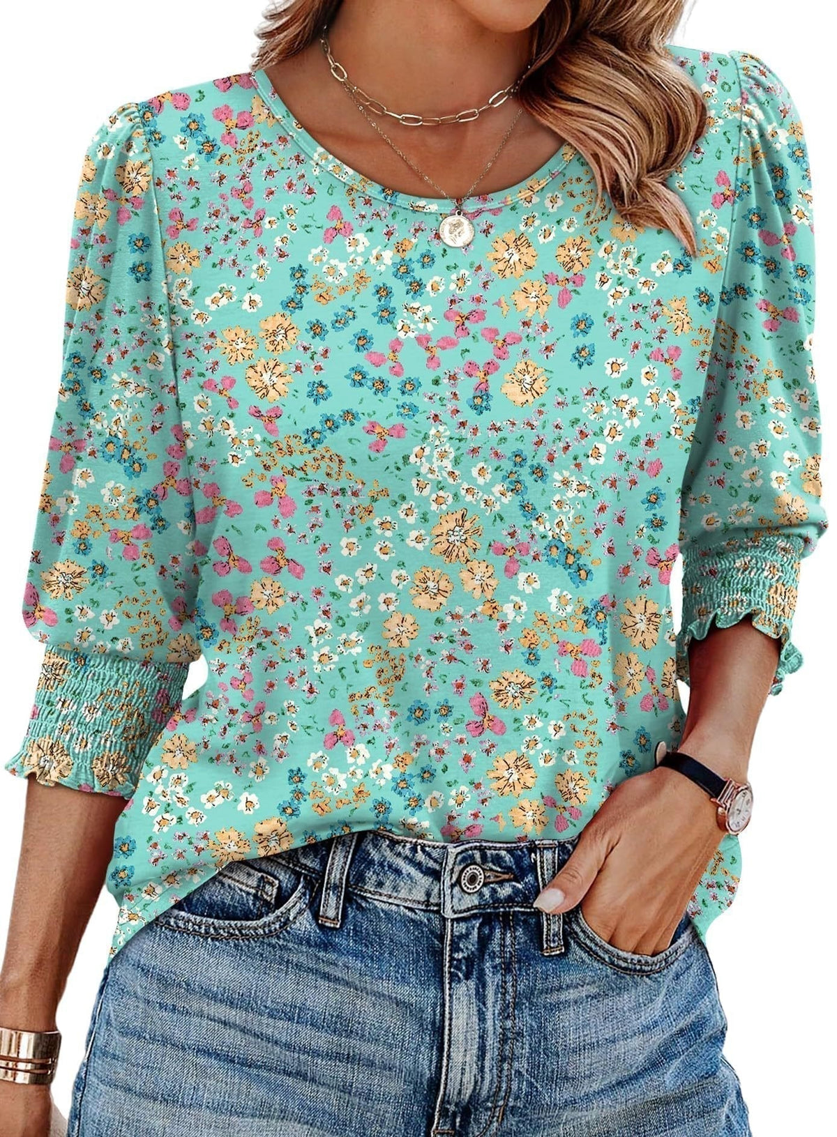 ☀️Summer Hot Sale 50% OFF🌼Blouses for Women Dressy Casual 3/4 Length Sleeve Tops with Smocked Cuffs