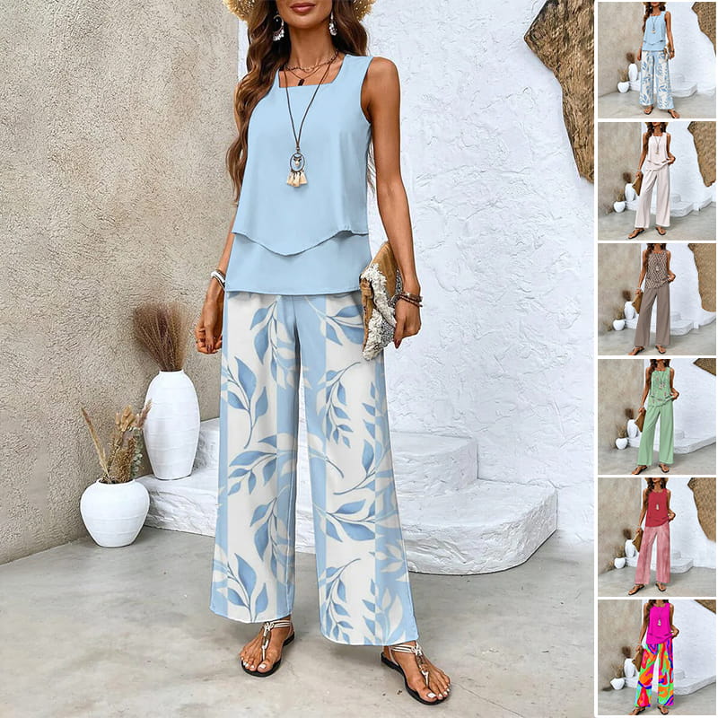 🌺 Women’s Trendy Print 2-Piece Outfit – Sleeveless Top & Pants Combo!"