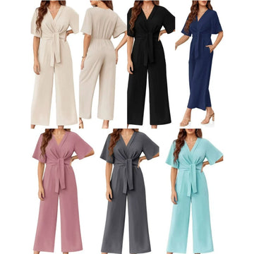 👗 50% OFF NOW! 👡 Women's Elegant V-Neck Wide Leg Waist Tie Jumpsuit – Flattering, breathable & perfect for weddings, vacations or chic summer events 💃