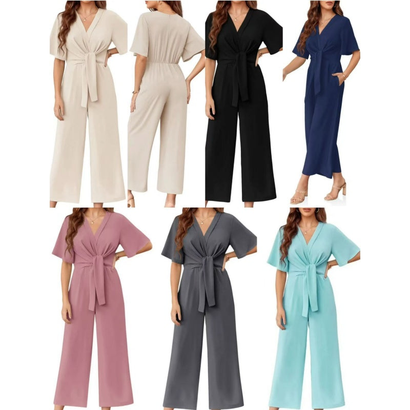 👗 50% OFF NOW! 👡 Women's Elegant V-Neck Wide Leg Waist Tie Jumpsuit – Flattering, breathable & perfect for weddings, vacations or chic summer events 💃
