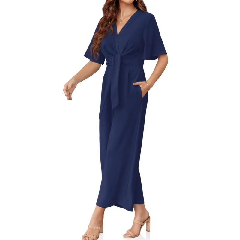 👗 50% OFF NOW! 👡 Women's Elegant V-Neck Wide Leg Waist Tie Jumpsuit – Flattering, breathable & perfect for weddings, vacations or chic summer events 💃