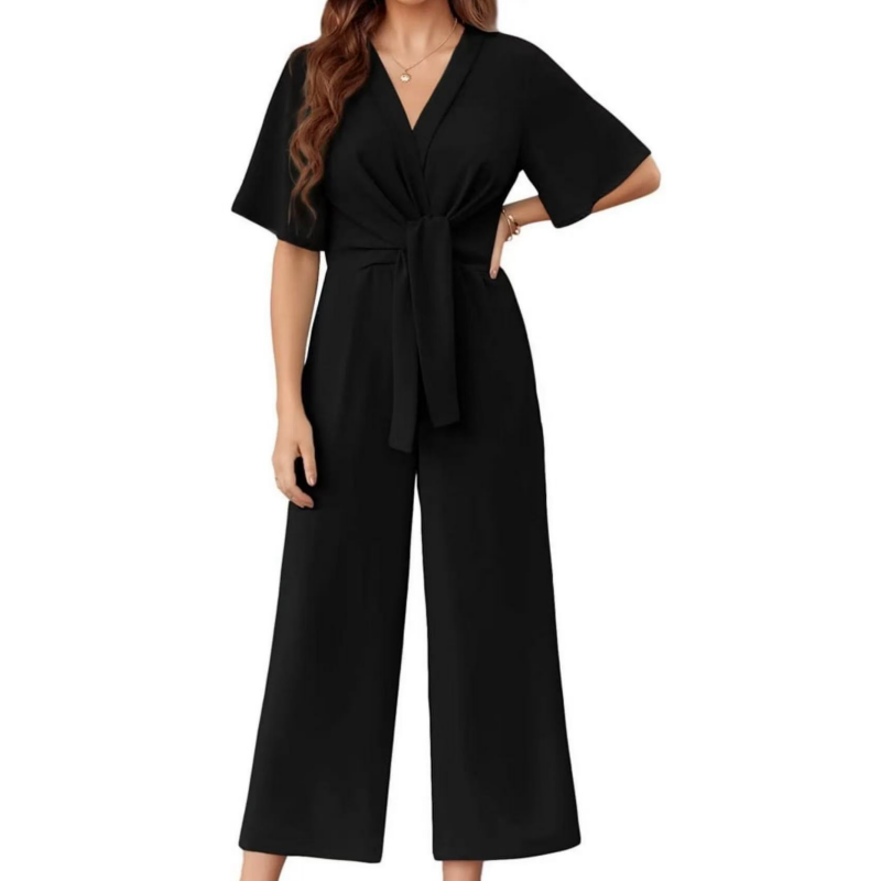 👗 50% OFF NOW! 👡 Women's Elegant V-Neck Wide Leg Waist Tie Jumpsuit – Flattering, breathable & perfect for weddings, vacations or chic summer events 💃