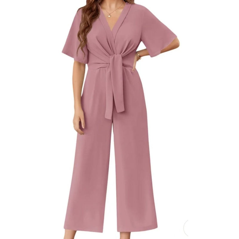 👗 50% OFF NOW! 👡 Women's Elegant V-Neck Wide Leg Waist Tie Jumpsuit – Flattering, breathable & perfect for weddings, vacations or chic summer events 💃