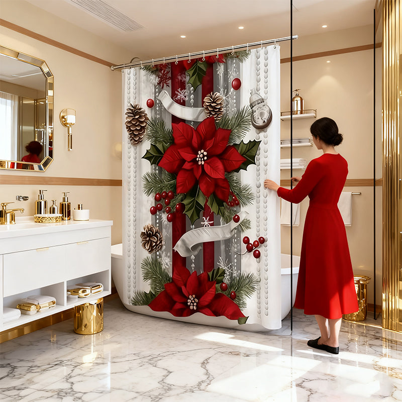 🎄Christmas Sale 50% OFF🔥Christmas Red Print Holiday Shower Curtain