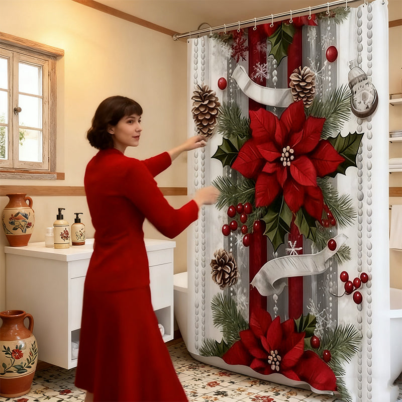 🎄Christmas Sale 50% OFF🔥Christmas Red Print Holiday Shower Curtain