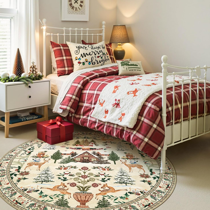 Round Christmas Printed Non-Slip Washable Rug