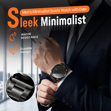 Men's Minimalist Quartz Watch with Date – All-Black Stainless Steel, Roman Dial & Precision Timekeeping! ⌚🖤