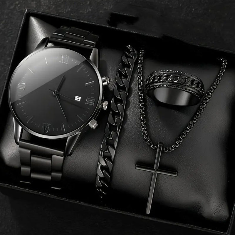 Men's Minimalist Quartz Watch with Date – All-Black Stainless Steel, Roman Dial & Precision Timekeeping! ⌚🖤