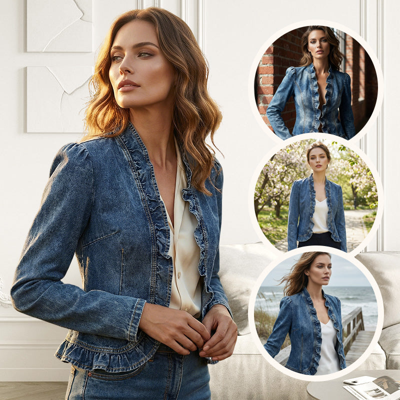 🧥 30% OFF NOW! 🌸 Women's Ruffle Trim Open-Front Denim Jacket – Lightweight & Feminine – Versatile & Chic 👗