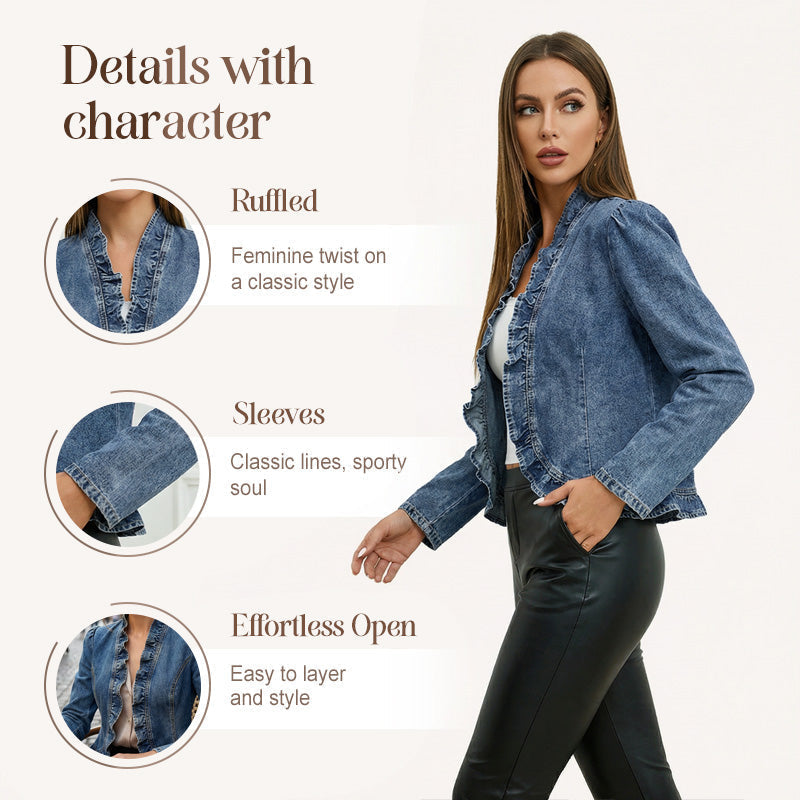 🧥 30% OFF NOW! 🌸 Women's Ruffle Trim Open-Front Denim Jacket – Lightweight & Feminine – Versatile & Chic 👗