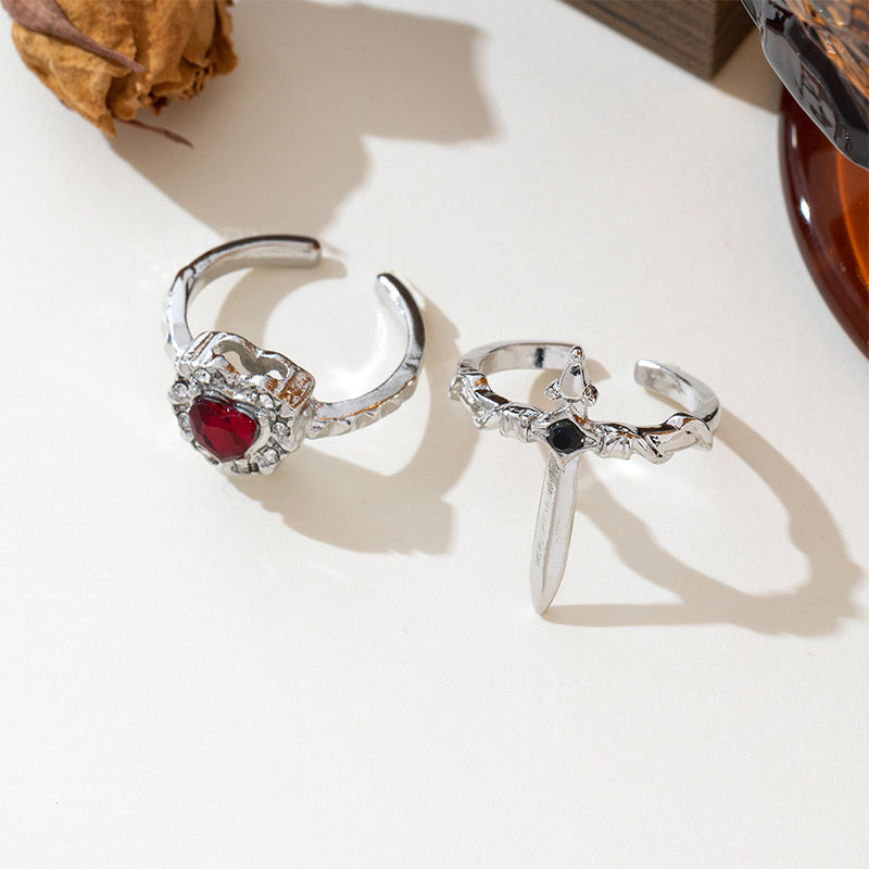 Vintage Adjustable Sword Piercing Heart Ring Set