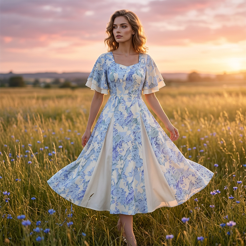 Ethereal Flutter Sleeve Fit-and-Flare Dress