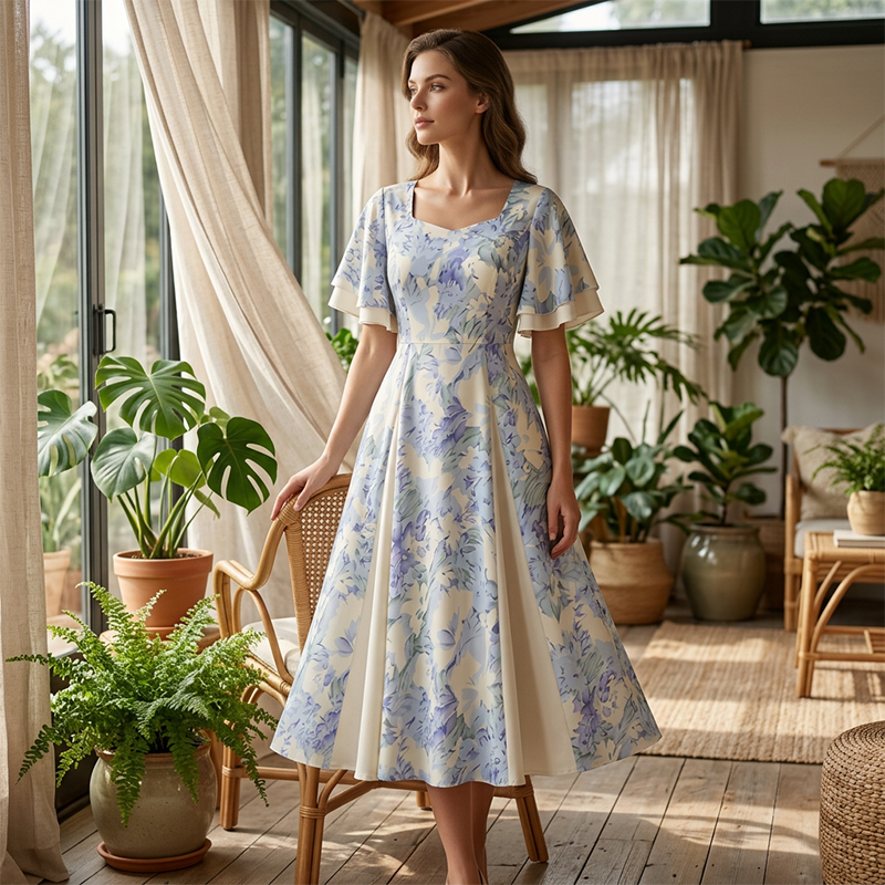 Ethereal Flutter Sleeve Fit-and-Flare Dress