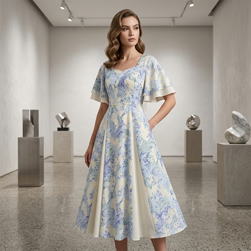 Ethereal Flutter Sleeve Fit-and-Flare Dress