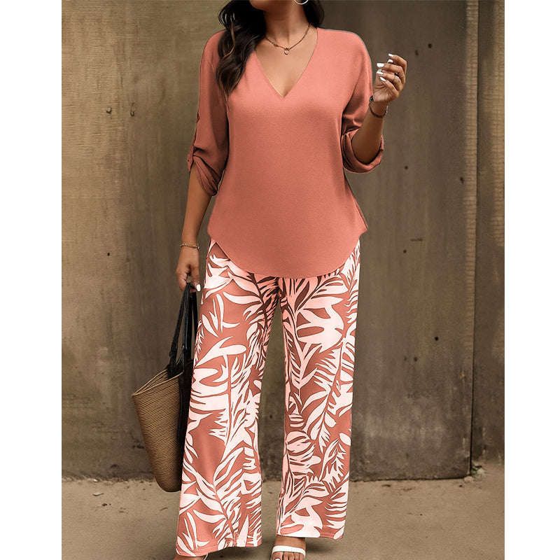 📢📢50% OFF !! ⏰Women's V-Neck Blouse & Printed Wide-Leg Pants Set