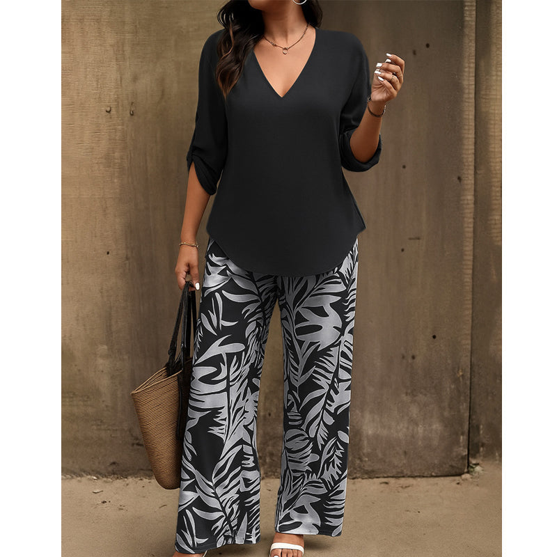 📢📢50% OFF !! ⏰Women's V-Neck Blouse & Printed Wide-Leg Pants Set