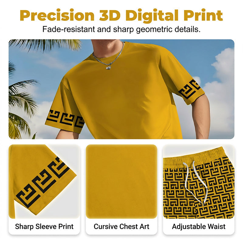 💛Men's Yellow Graphic Print Short Sleeve Tracksuit Set