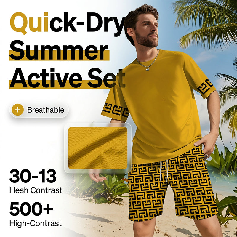 💛Men's Yellow Graphic Print Short Sleeve Tracksuit Set