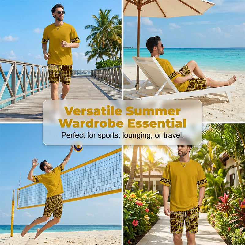 💛Men's Yellow Graphic Print Short Sleeve Tracksuit Set