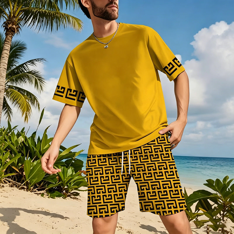 💛Men's Yellow Graphic Print Short Sleeve Tracksuit Set