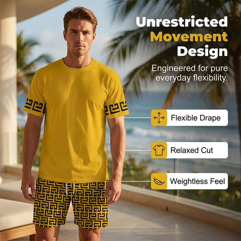 💛Men's Yellow Graphic Print Short Sleeve Tracksuit Set