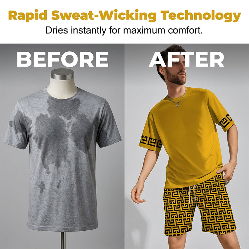 💛Men's Yellow Graphic Print Short Sleeve Tracksuit Set
