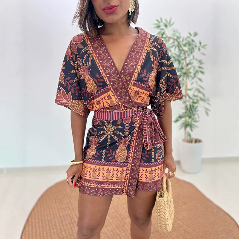 👗New Arrival❣️Women's Tropical Print V-Neck Wrap Romper