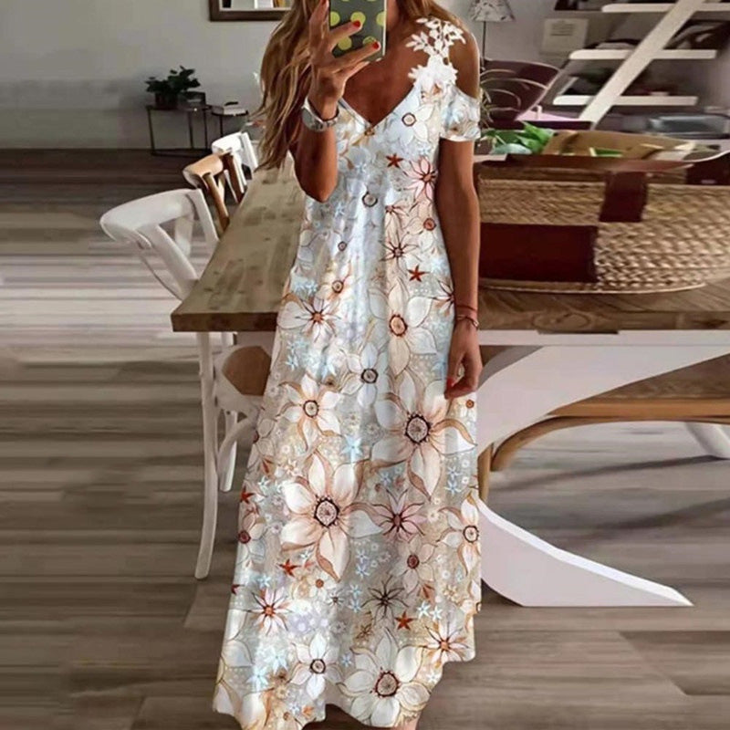 👗 LIMITED-TIME 50% OFF! ✨ Women's Cold Shoulder Maxi Dress – V Neck, Floral, 5 Colors 🌸