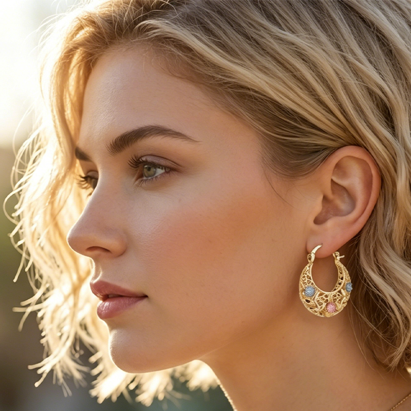 📢📢40% OFF !! ⏰ Gold-Plated Crescent Hoop Earrings with Enamel Flowers
