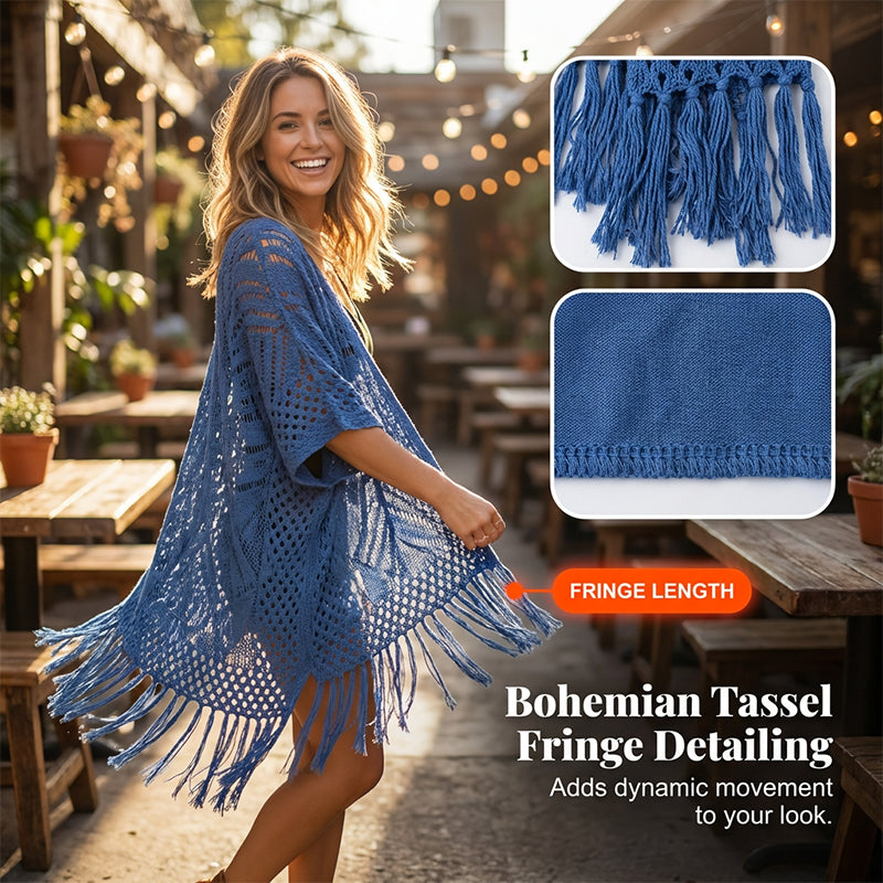 🌊 50% OFF NOW!✨ Women's Open-Front Knit Cover-Up with Tassel Fringe – Bohemian & Lightweight – Beach Essential 🌴