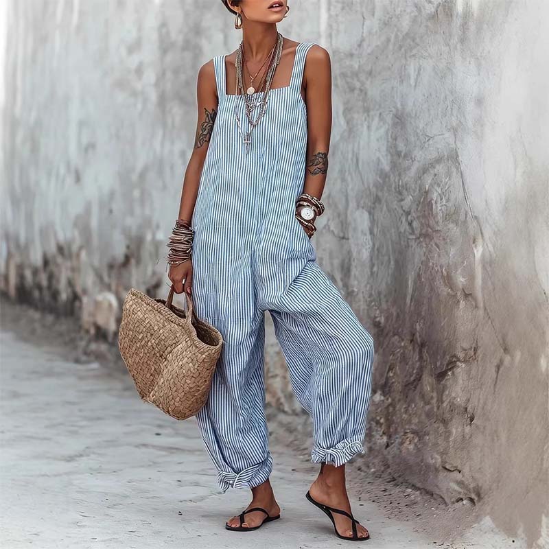 Women's Casual Striped Spaghetti Strap Jumpsuit