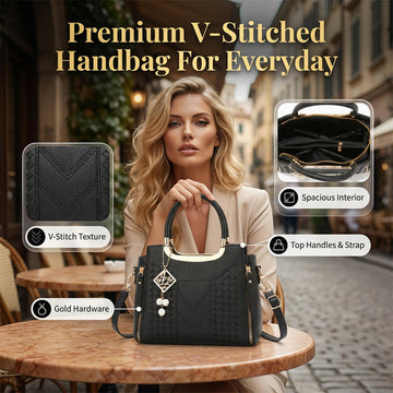 📢📢40% OFF !! ⏰Women's V-Stitched Satchel – Gold Hardware, Multi-Compartment, Top-Handle 🌸
