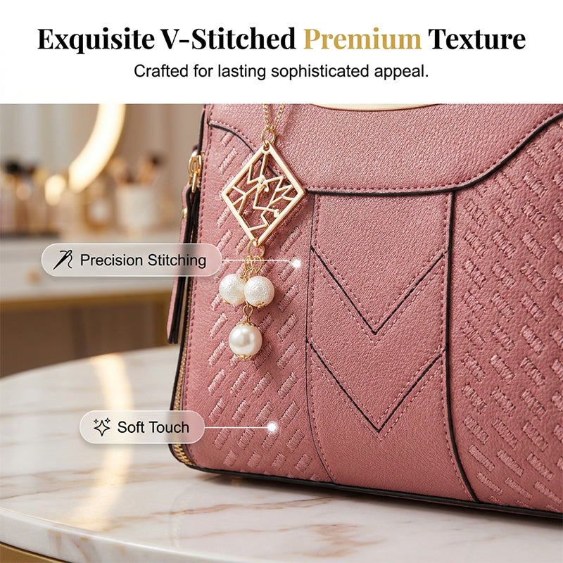 📢📢40% OFF !! ⏰Women's V-Stitched Satchel – Gold Hardware, Multi-Compartment, Top-Handle 🌸