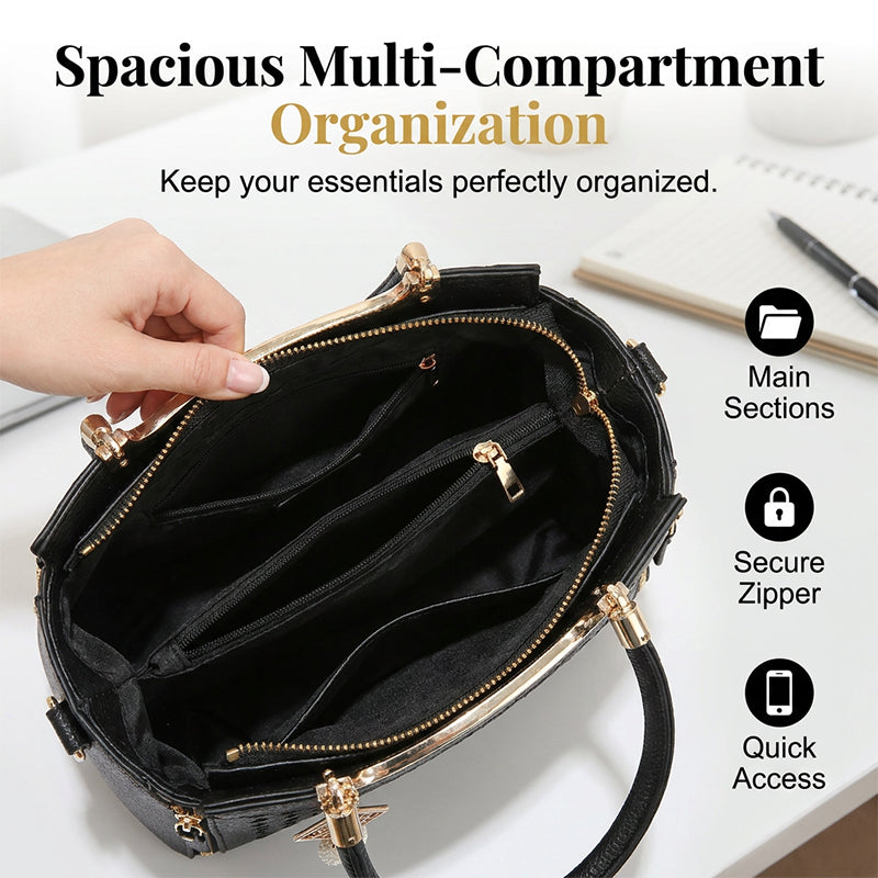 📢📢40% OFF !! ⏰Women's V-Stitched Satchel – Gold Hardware, Multi-Compartment, Top-Handle 🌸