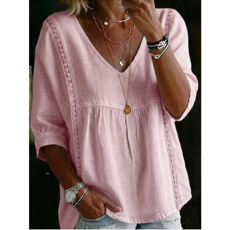 Women's Casual V-Neck Lace Trim Top