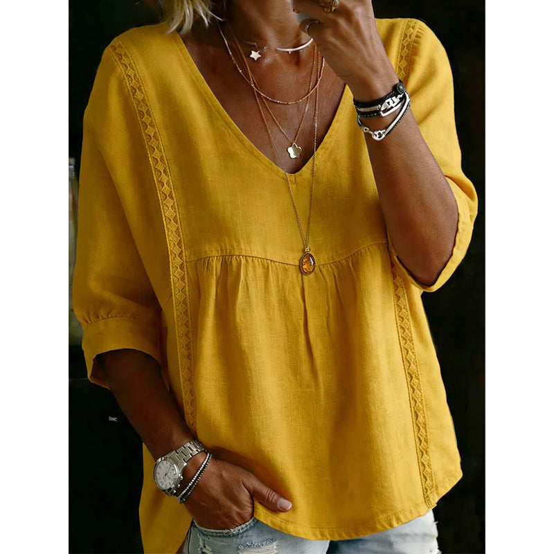 Women's Casual V-Neck Lace Trim Top