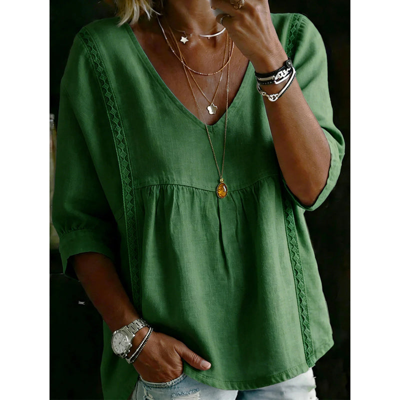 Women's Casual V-Neck Lace Trim Top