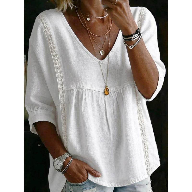 Women's Casual V-Neck Lace Trim Top