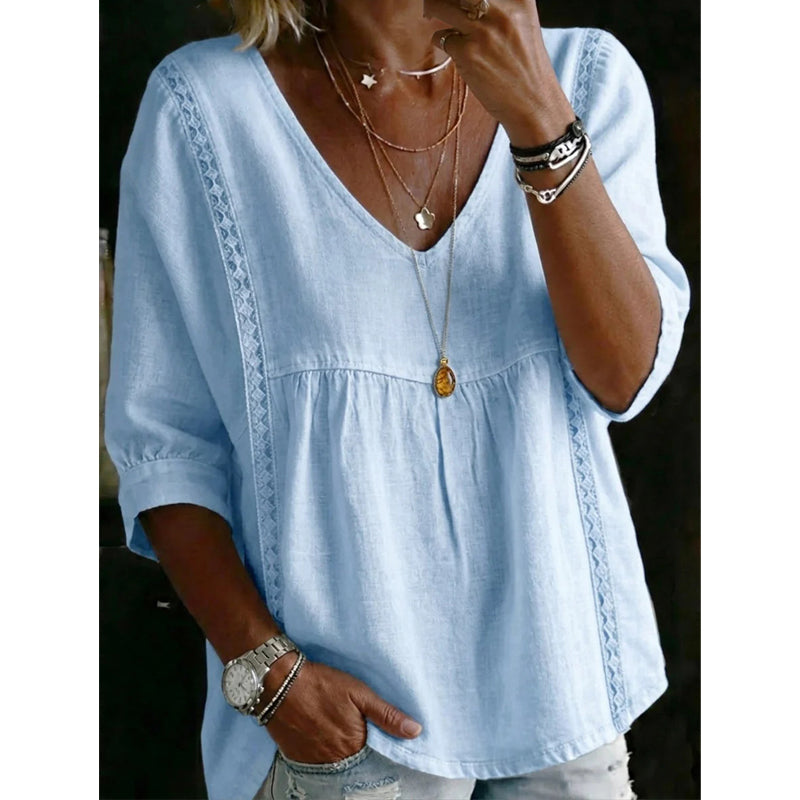 Women's Casual V-Neck Lace Trim Top