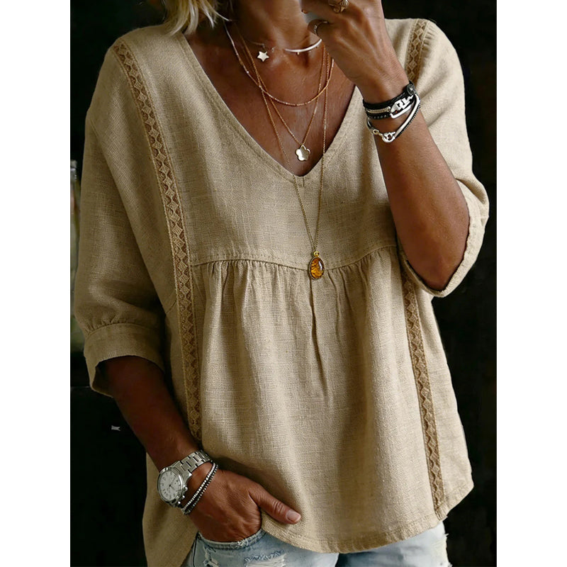 Women's Casual V-Neck Lace Trim Top