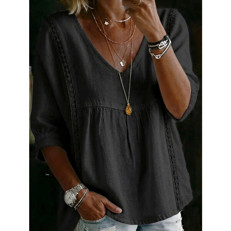Women's Casual V-Neck Lace Trim Top
