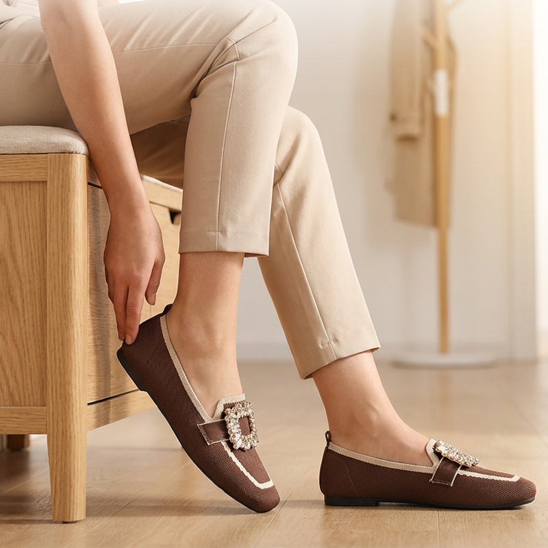 🎁2026 New Arrivals 50% OFF💥 Square Toe Flat Shoes – Breathable Knit, Crystal Buckle, Slip-On 💎