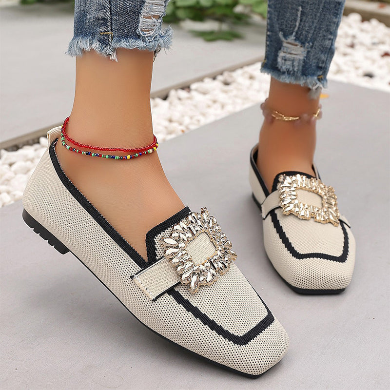 🎁2026 New Arrivals 50% OFF💥 Square Toe Flat Shoes – Breathable Knit, Crystal Buckle, Slip-On 💎