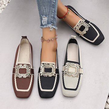 🎁2026 New Arrivals 50% OFF💥 Square Toe Flat Shoes – Breathable Knit, Crystal Buckle, Slip-On 💎