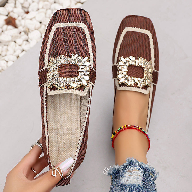 🎁2026 New Arrivals 50% OFF💥 Square Toe Flat Shoes – Breathable Knit, Crystal Buckle, Slip-On 💎