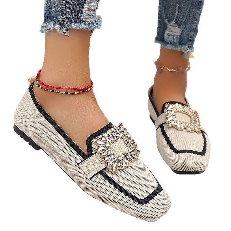 🎁2026 New Arrivals 50% OFF💥 Square Toe Flat Shoes – Breathable Knit, Crystal Buckle, Slip-On 💎