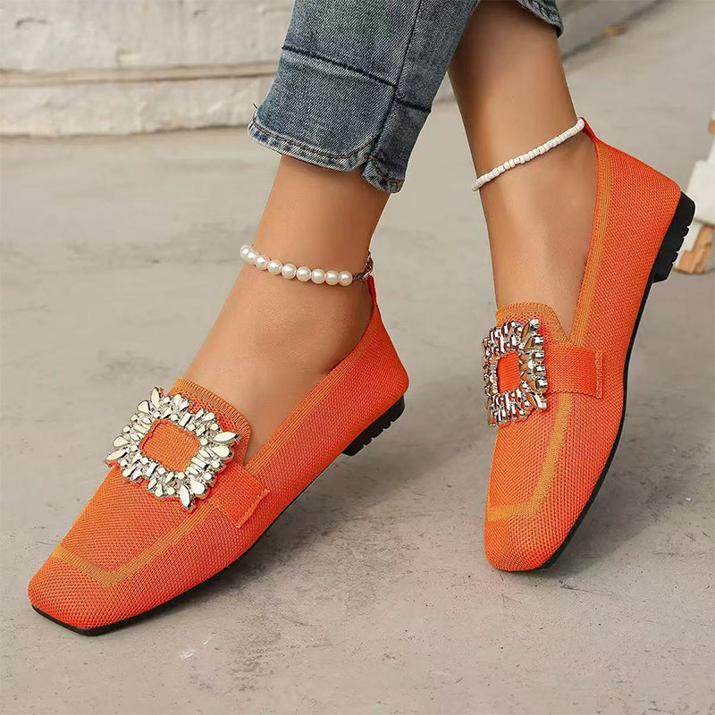 🎁2026 New Arrivals 50% OFF💥 Square Toe Flat Shoes – Breathable Knit, Crystal Buckle, Slip-On 💎